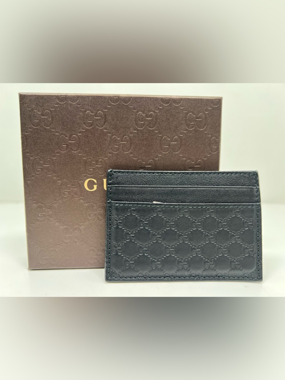 Gucci Guccissima Black Leather Logo Card Case With Money Clip
